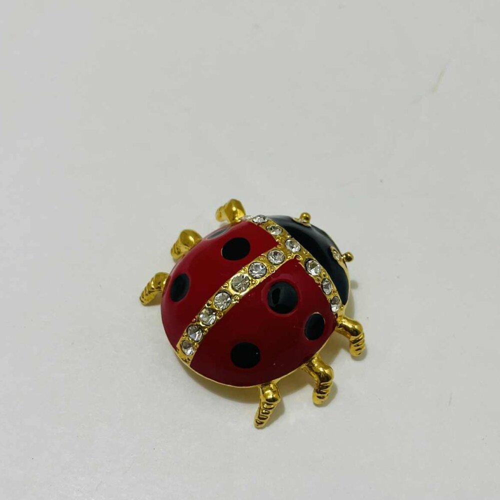 Vintage Gold Tone Red Enamel Ladybug Brooch Rhinestone Bug Pin 1.25"